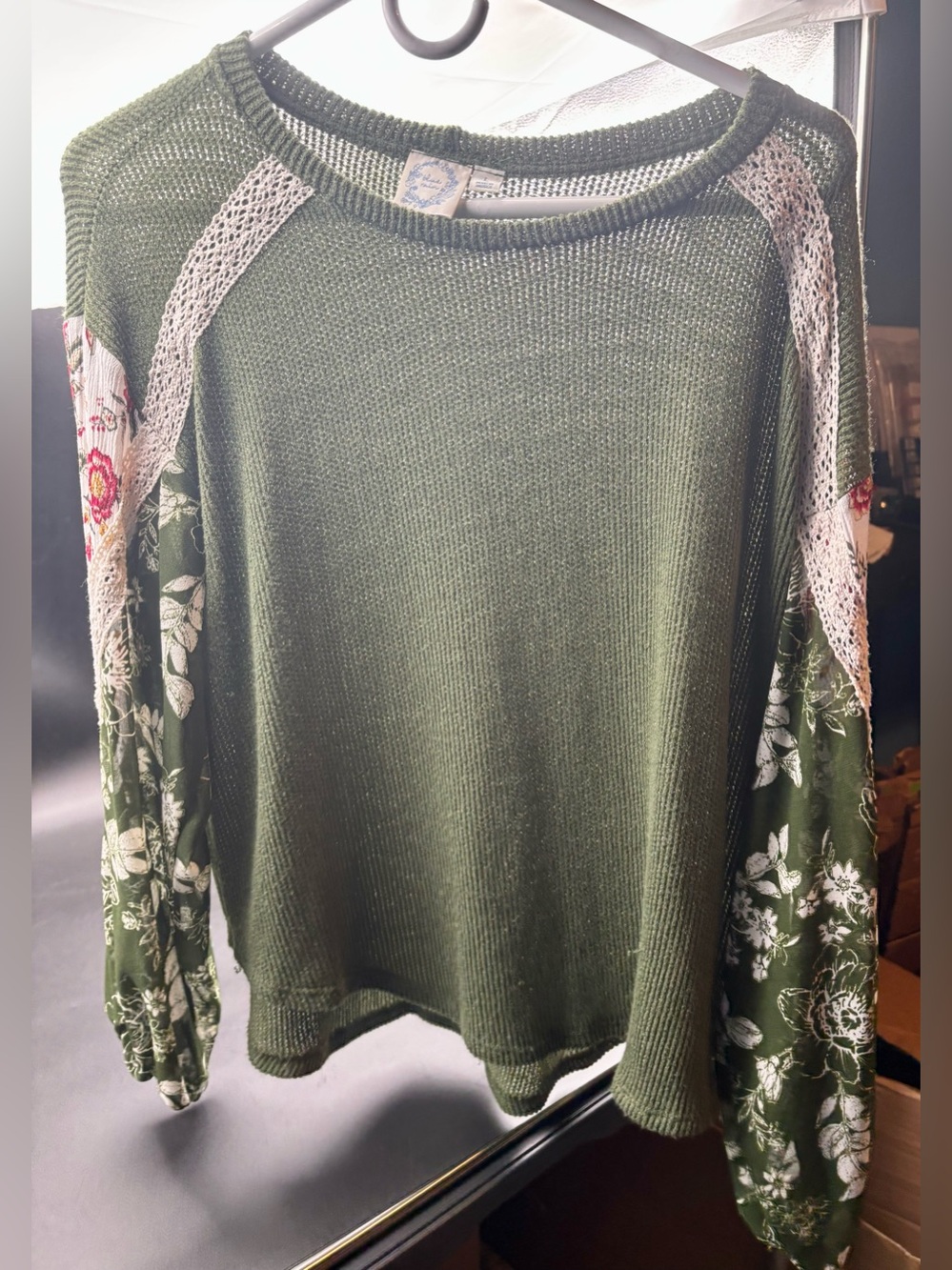 Blue Rain Olive Green Boho Thermal Lace Patchwork Long Sleeve Top - Size L
